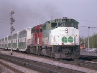 A couple of re-geared CN GP40s (9316 & 9317) helped out on the GO commuter trains for a bit in early 1982, and were fairly common for that short while.  Here is GO 710 with CN 9317 (formerly 4017) rolling by Burlington West en route to Hamilton during the evening 'rush'.