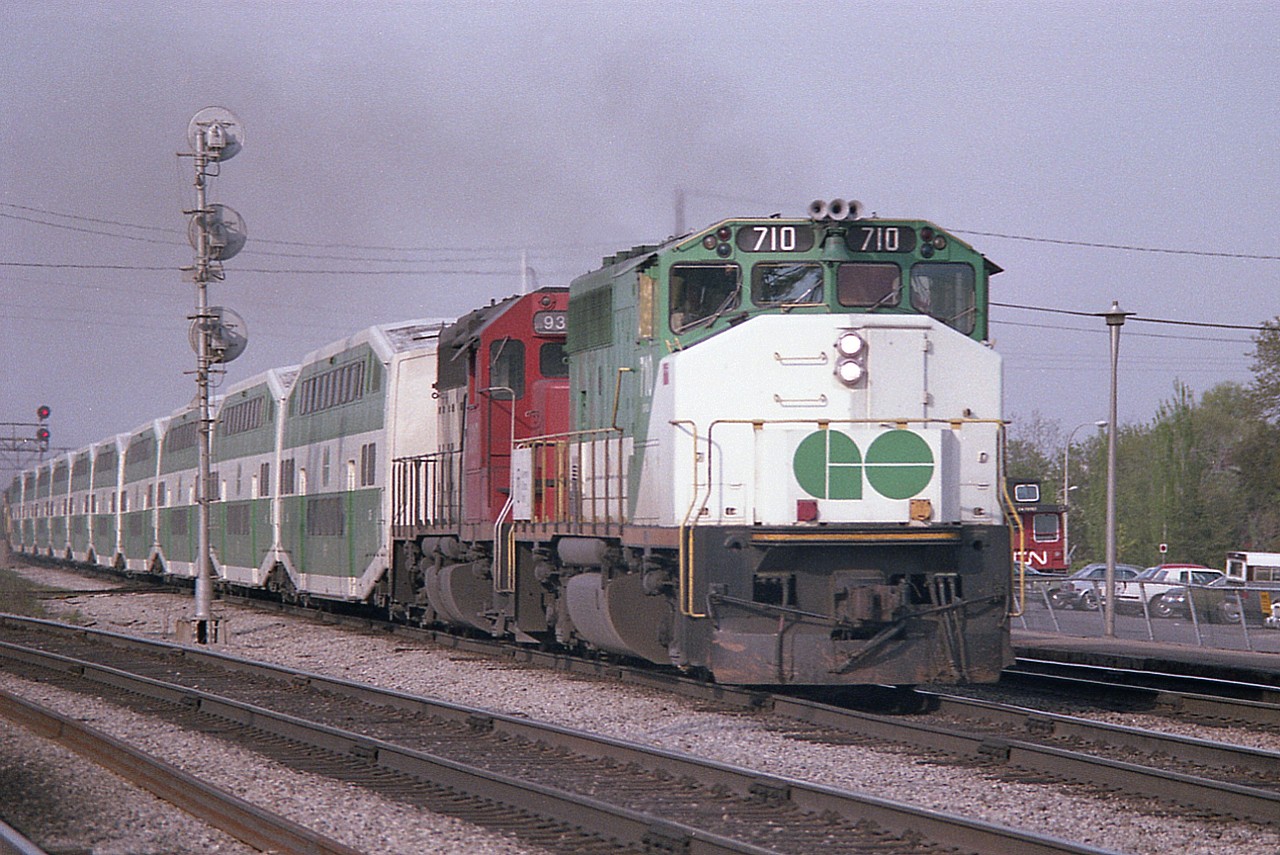 A couple of re-geared CN GP40s (9316 & 9317) helped out on the GO commuter trains for a bit in early 1982, and were fairly common for that short while.  Here is GO 710 with CN 9317 (formerly 4017) stopped at Burlington West en route to Hamilton during the evening 'rush'.