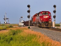 After spending an extended period of time in BC on welded rail duty, 5792 and 5988 headed to Winnipeg this week to refill Transcona rail loads to ping-pong back west. Here they lead CWR-21 at Crecy Junction, intersecting the CPKC Indian Head Sub with the CN Ross Terminal Lead, the eventual CN Glenavon Sub, and the SSR Tyvan Sub. Note the different names given to the searchlight stacks: the south stack is for CPKC on Mile 88.8 Indian Head, while the north is for CN on Mile 4.4 Ross Terminal. Because of this, only the approach-lit 888 signals light up as 5792 clears the junction, whilst 44 remains unlit. This was another instance of fortune on my part, as I was not aware of its presence until I overheard RTC coordinating a meet of this CWR with 112 at McLean. I subsequently diverted from my initial plan to do a quick bike ride to shoot local movements, to a roughly 30km trek round-trip to grab them at this unique searchlight setup.