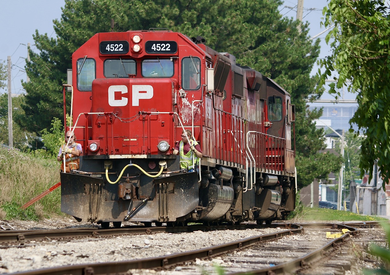 The 1980’s and 90’s would find both EMD and GE pushing forward with more four axle high horsepower units but unfortunately that is basically where it all ended, at least for freight railroads. While a few railroads invested a lot with high horsepower four axle units, the majority favoured six axle power for mainline freights. By the 2000’s most high horsepower four axle units were being either retired, sold off or downgraded. The unique GP40X was no exception with most sold off to shortlines or leasing companies. During the 2000’s CP turned to Helm leasing for second hand power to fill a void it had and in return the railroad pick up a number of secondhand GP40 and GP38’s. A few of the units the railroad picked up were former GP40X units rebuilt into GP38’s. CP 4522 was one of these units and is seen with CP GP38 3063 heading down the remains of the old Owen Sound subdivision preparing to work the bulk transfer facility in Streetsville yard.