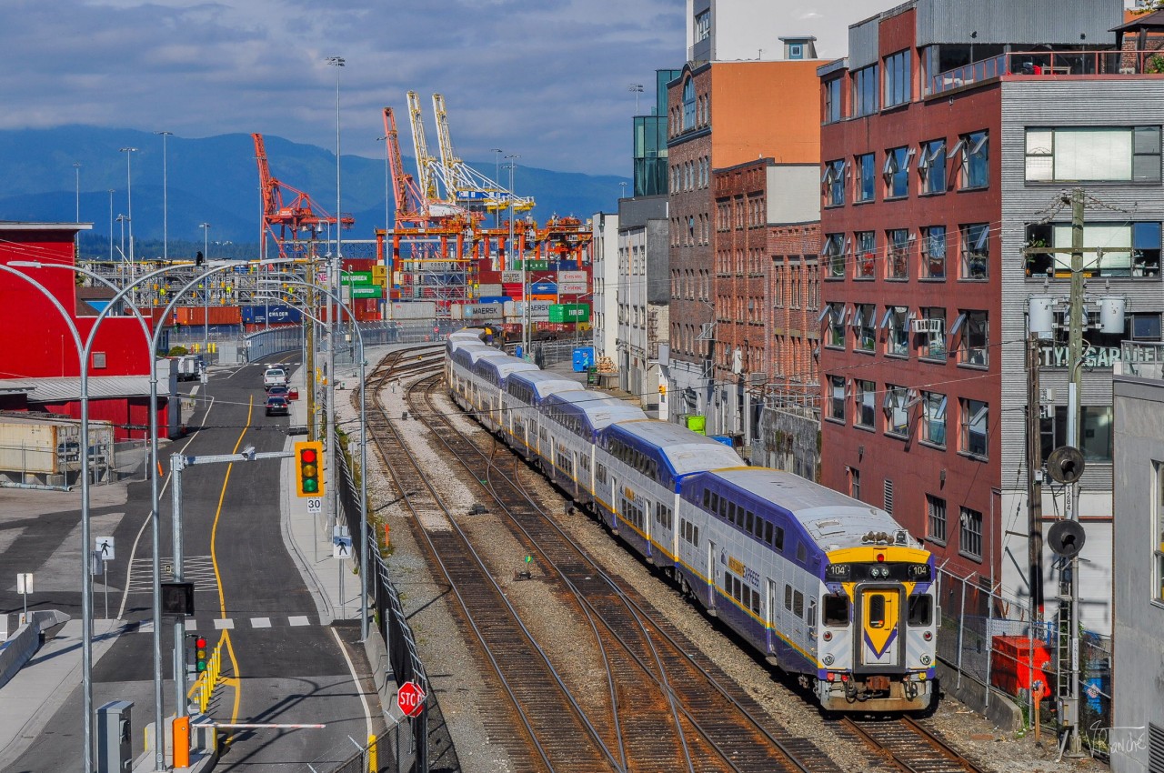 On July 11, 2023, the WCE E4 train bound for Mission just passed Mile 128.5 of the CPKC Cascade Subdivision.
