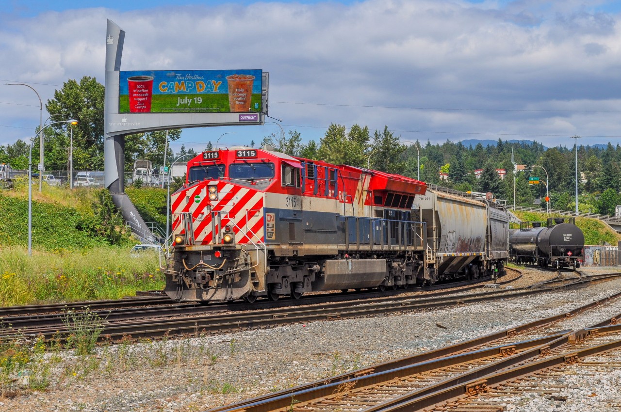 On July 12, 2023, CN G834 passes the Braid Junction with heritage unit 3115 (BC Rail) in the lead!