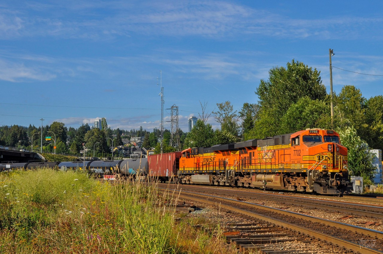 On July 11, 2023, a BNSF train is working between New Westminster Yard and Brunette Yard, interchanges with CN.