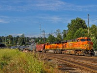 On July 11, 2023, a BNSF train is working between New Westminster Yard and Brunette Yard, interchanges with CN.