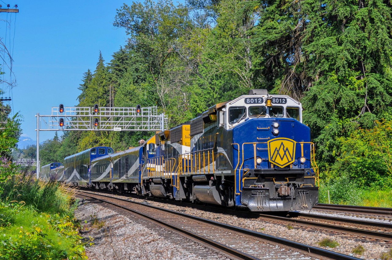 On July 13, 2023, train 609 tu Rocky Mountaineer approaches the terminus; Vancouver after a full trip from Kamloops in the Rockies.