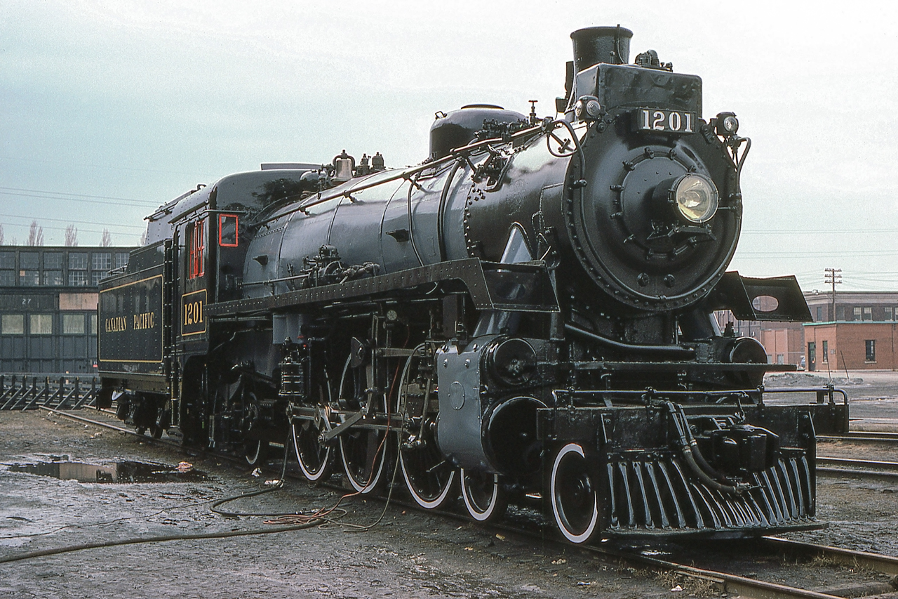 An unknown photographer caught CP 1201 at CP's John Street Roundhouse in Toronto in April 1976.