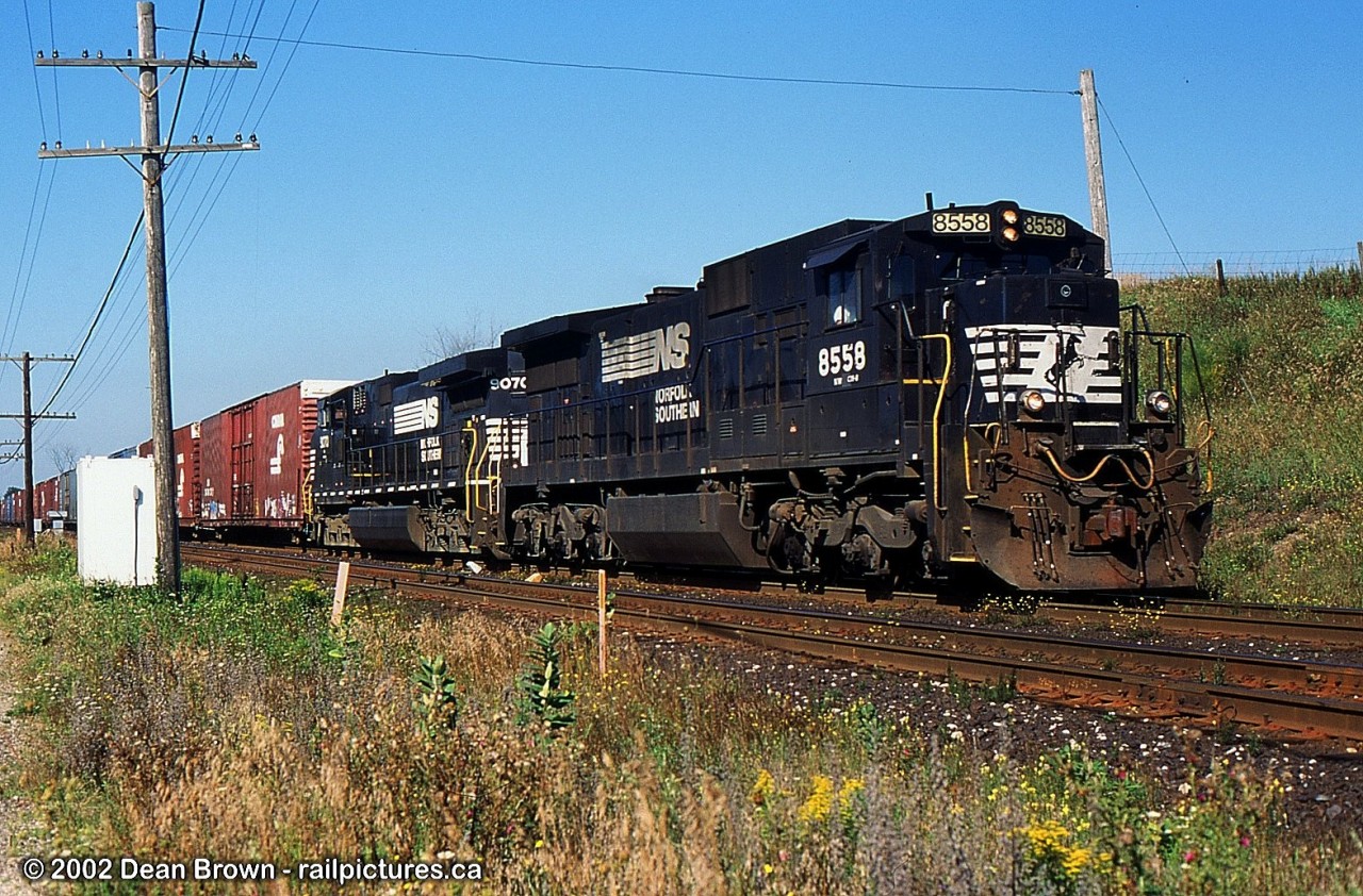 Captured: NS 328-30 with NS C39-8 8558 and NS C40-9W 9070 at Paris West on the CN Dundas Sub on Aug 30/2002.