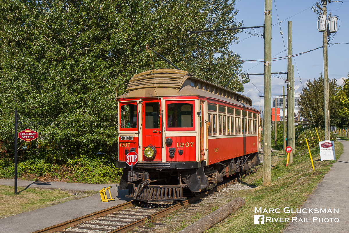 Leg-In-Boot. British Columbia Electric Railway 1207 (BCER, 1905) was operating on the Vancouver Downtown Historic Railway in Vancouver, British Columbia on the afternoon of August 30, 2008. The car and cousin BCER 1231 were used during the warmer months on this line, owned by the City of Vancouver, as a historic operation between Granville Island and Leg-In-Boot Stations from 1998-2011. Interurban service in British Columbia ended in 1958. Ahead of hosting the Winter Olympics in 2010, service was suspended and the line was rebuilt to demonstrate operation of a pair of modern 5-section Bombardier Flexity Streetcars during the event to the Olympic Village, but were returned to the company without a purchase. The historic cars briefly returned in 2011, but ultimately the city shut down the line and the cars were transferred to the Fraser Valley Heritage Railway Society in Surrey, British Columbia in 2016, where both survive today.