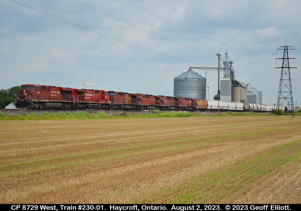 With the wheat having been taken off last week a slightly different perspective of CPKC Train #231-01 was possible as it rolled through Haycroft, Ontario on August 2, 2023 with 6 units on point.  Mind you 5 of those are D.I.T. enroute for possible rebuild, but the entire consist is comprised of CP 8729, CP 8559, CP 8558, CP 8502, CP 8566, and CP 8567, with CP 9379 as the mid-train DPU.  Seems like only yesterday that this would have been 6 SD40-2's up front, but I digress......