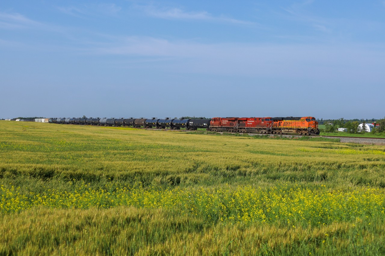 The Clover Bar to Scotford transfer B82-06 rolls through Griesbach with BNSF 5962 on the point.