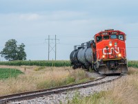 As if a scene out of the prairies. CN 589 navigates the curves of the Renfrew sub outside Ottawa while maintaining the 10mph limit.