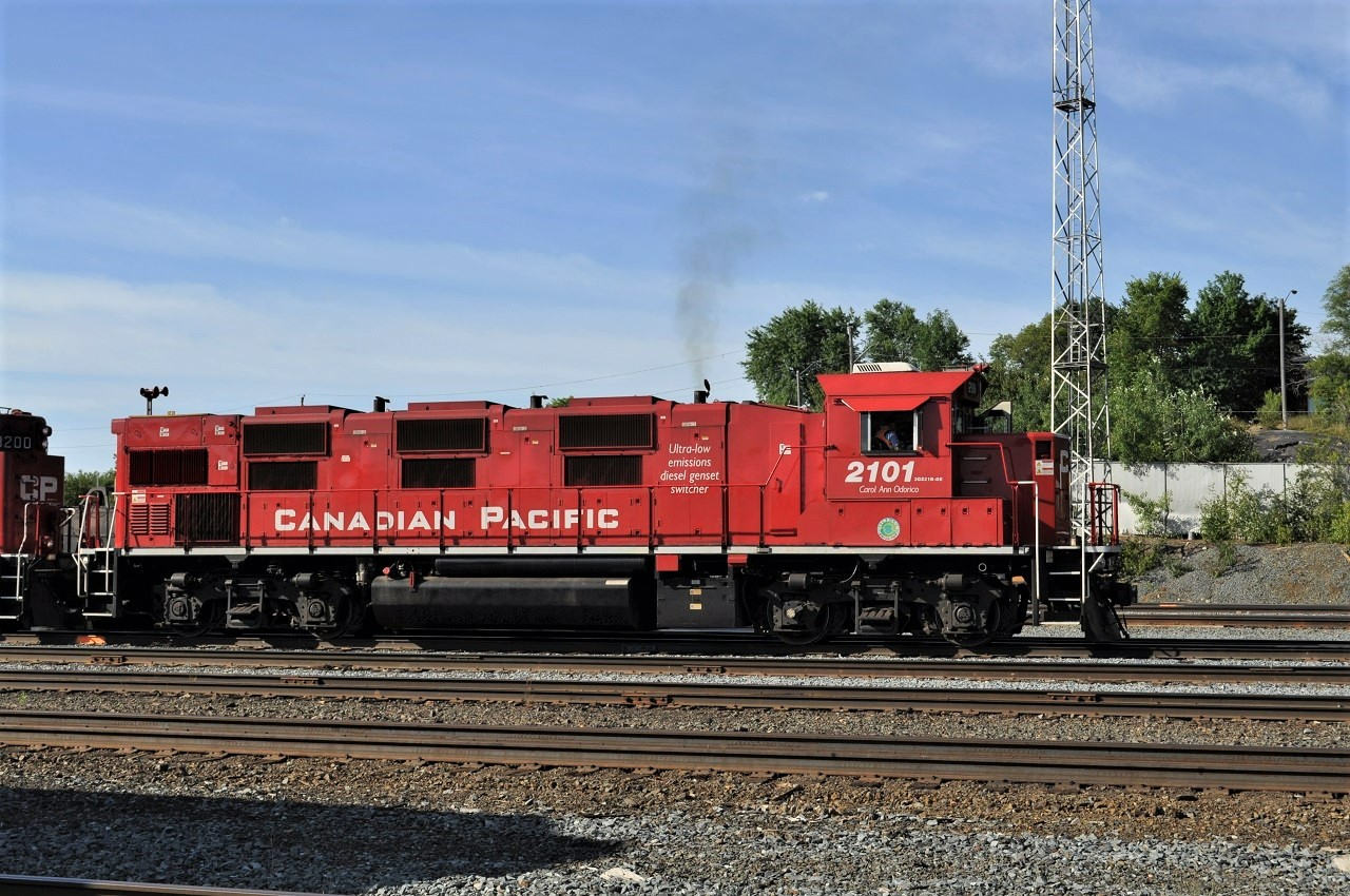 CP 2101 goes about its switching duties in Sudbury, Ontario on August 2, 2011.  The "Ultra-Low Emissions" unit was belching out more exhaust than the GP9 to which it was coupled.  These units could not have worked out as they were not on the property very long.