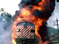 On July 5, 1975 Canadian Pacific FP7 locomotive No. 4062, the third locomotive of westbound Extra 4088 caught fire and was disconnected from the train near mileage 78.5, about two miles east of Franz, Ontario. A Ministry of Natural Resources forest fire suppression crew (including the photographer) was dispatched from Wawa to the scene to prevent the fire from spreading to the adjacent forest. 
