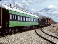 As 836 arrives in Redwater to switch the culvert plant, first up on the train is an unusual car in the form of C.R.C.S. 2. The initials are for Colonist Railcar Society. From the 1987 CTG, this sleeper came from the CPR (named Tracy) and was built in 1931. A quick look turned up that at one time, it seems, there was an effort to restore some of these colonist cars. Not exactly sure what happened over the next several years from this date to #2. There is a photo of it from 2011 at Stettler Alberta on the Alberta Prairie Railway, in CNR green, black and gold, but, wearing it's old CPR name Tracy. A very nice combination. In this photo, the units have picked up the empty gon at the culvert plant and are now pulling the train towards Redwater. Going to Redwater was all #2 got for an outing. The crew parked her in the siding and when returning at lunch the next day from eastern Alberta, the sleeper was taken back to Edmonton. 