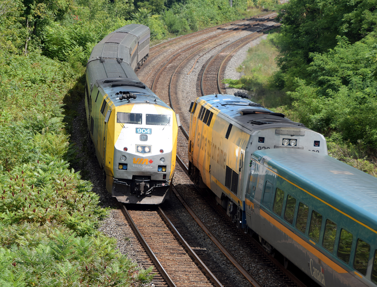 72 and 73 meet at Bayview with VIA 920 and VIA 904 leading their respective trains