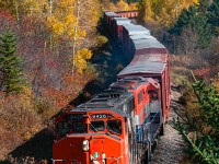 About to duck under Highway 17 at Markstay, Ontario and showcasing its obvious CN heritage, RMPX GP40-2W 9426 leads another former CN unit in RLK GP40 4096 and 39 cars bound for Sudbury. RMPX 9426 would be overhauled at the ONR shops in North Bay in 2013 and released in 2014, painted in corporate G&W colours and re-lettered and re-numbered for the Ottawa Valley Railway as OVR 3029. 