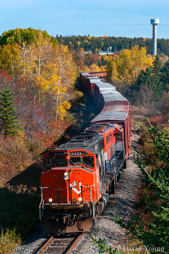 About to duck under Highway 17 at Markstay, Ontario and showcasing its obvious CN heritage, RMPX GP40-2W 9426 leads another former CN unit in RLK GP40 4096 and 39 cars bound for Sudbury. RMPX 9426 would be overhauled at the ONR shops in North Bay in 2013 and released in 2014, painted in corporate G&W colours and re-lettered and re-numbered for the Ottawa Valley Railway as OVR 3029.