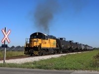 Essex Terminal 108 works hard as they head south at mile 15.85 on the ETR Sub with tank cars for Diageo in Amherstburg Ontario.