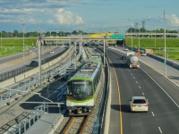 During the first day of the REM, here is one that has just left the Du Quartier station towards Brossard, the terminus.