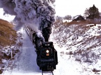 CN 6218 is about to pass beneath the Harrisburg Road bridge during a "runpast" on an Upper Canada Railway Society rail steam excursion on January 26, 1969. 