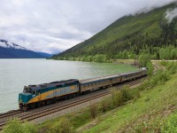 The Skeena skirts the shore of Moose Lake, as they approach Yellowhead Pass on the scenic Albreda Subdivision.