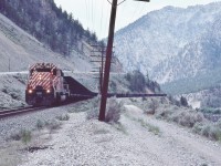 <br>
<br>
  GMD 1974 built SD40-2 with an extra unit coal train (white flags white markers).
<br>
<br>
    CP Rail 5815 to Progress Rail in 2006.
<br>
<br>
   What is striking is the single unit, unusual to us Easterners, then of course the West always got the newest, bestest.
 <br>
<br>
   Need help on location, direction, etc., Anyone ?
<br>
<br>
  Somewhere in the Thompson River canyon, May 12, 1980 Kodachrome by S.Danko
<br>
<br>
