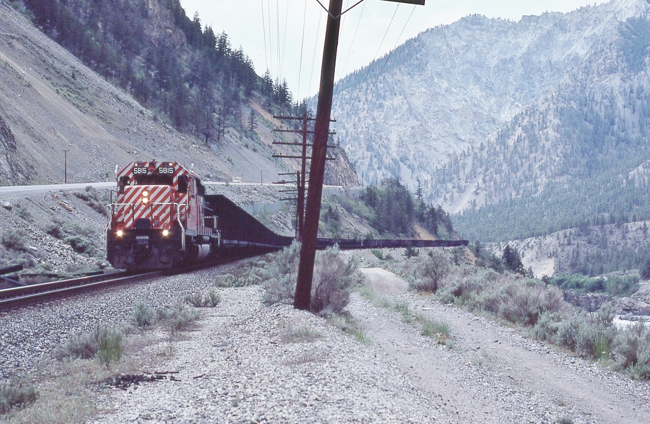 GMD 1974 built SD40-2 with an extra unit coal train (white flags white markers).


    CP Rail 5815 to Progress Rail in 2006.


   What is striking is the single unit, unusual to us Easterners, then of course the West always got the newest, bestest.
 

   Need help on location, direction, etc., Anyone ?


  Somewhere in the Thompson River canyon, May 12, 1980 Kodachrome by S.Danko