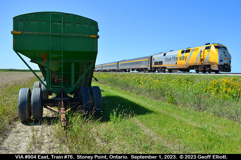 A modern VIA P42 and a 'covered wagon' in 2023...  Although N&W, CN, and later VIA, F units traversed the VIA Chatham Subdivision when I was a kid, this is the only kind of 'covered wagon' we'll see along the line in 2023.  A local farmer has all of his wagons lined up along the VIA Chatham sub while work is being done to his barn making for a different perspective of VIA Train #76 as it approaches Stoney Point, Ontario on September 1, 2023.