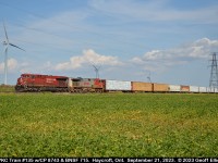 CPKC Train #135 heads westbound across the flatlands of southwestern Ontario on September 21, 2023.  The treat today is BNSF Bonnet #715 trailing CP 8743 in the consist as I had missed it earlier in the week when it was a dpu on a 734 autorack train.  This is the 3rd BNSF today with train #2-231 having a pair of BNSF pumpkins earlier in rhe day as the sole power on that train.