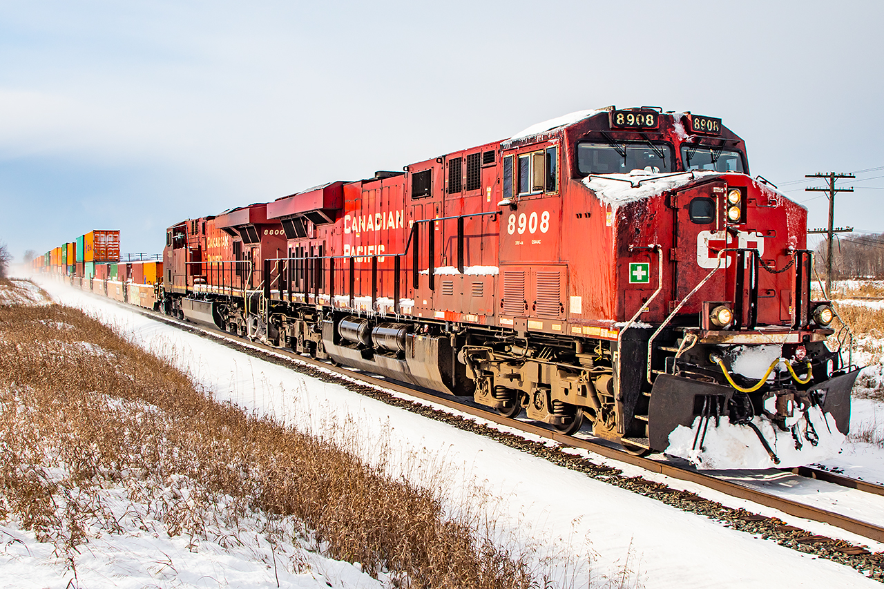 Winter has arrived as CP 8908 approaches Trenton.