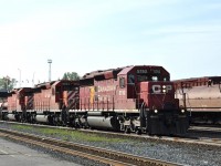 A trio of "Good Old Girls" SD40-2s, 5792, 5953, and 5925 lead a westbound freight over brand new rail into Sudbury, Ontario on May 21, 2011 where they will do a small set off and lift.  