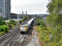 <br>
<br>
Exiting the normally freight only CN York Sub., VIA 42 slowing to 30 mph through the turnouts at CN Liverpool mile 1.4 York Subdivision
<br>
<br>
Track and maintenance and signal work required Sept 23 (& 24) rerouting all VIA east service (& cancelled of all GO east service)
<br>
<br>
Officially train #42, this J train replaced trains 52, 62, 40, 44, 64. 
<br>
<br>
VIA #42 at CN Liverpool 13:36 September 23, 2023, digital by S.Danko 
<br>
<br>
Interesting:
<br>
<br>
Scheduled out of Union at 11:32 train #42 required 61 minutes to reach Liverpool mile 313 Kingston Subdivision 
<br>
<br>
VIA's estimated extra run time is 45 minutes. Normal VIA Union to Oshawa run time is 38 minutes.
<br>
<br>
Normal Saturday service is 12 eastbounds (to Ottawa & or Montreal)
<br>
<br>
The only eastbound service Sept 23 / 24: trains 60, 42, 66, 68, 668 and presumably all J trains.
<br>
<br>
VIA #42 consist: 914 – seven LRC – 904 – four LRC - 6437

