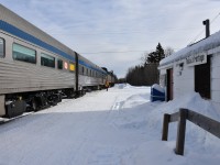 After a brief stop to unload groceries and other essential supplies, a yell from the second engineer is my signal to climb back on board VIA #693 The Hudson Bay at HBR Thicket Portage, MB Mile 185.0 Hudson Bay Railway Thicket Sub. on March 13, 2023. <br>
And yes, it is as cold as it looks! Brrr!