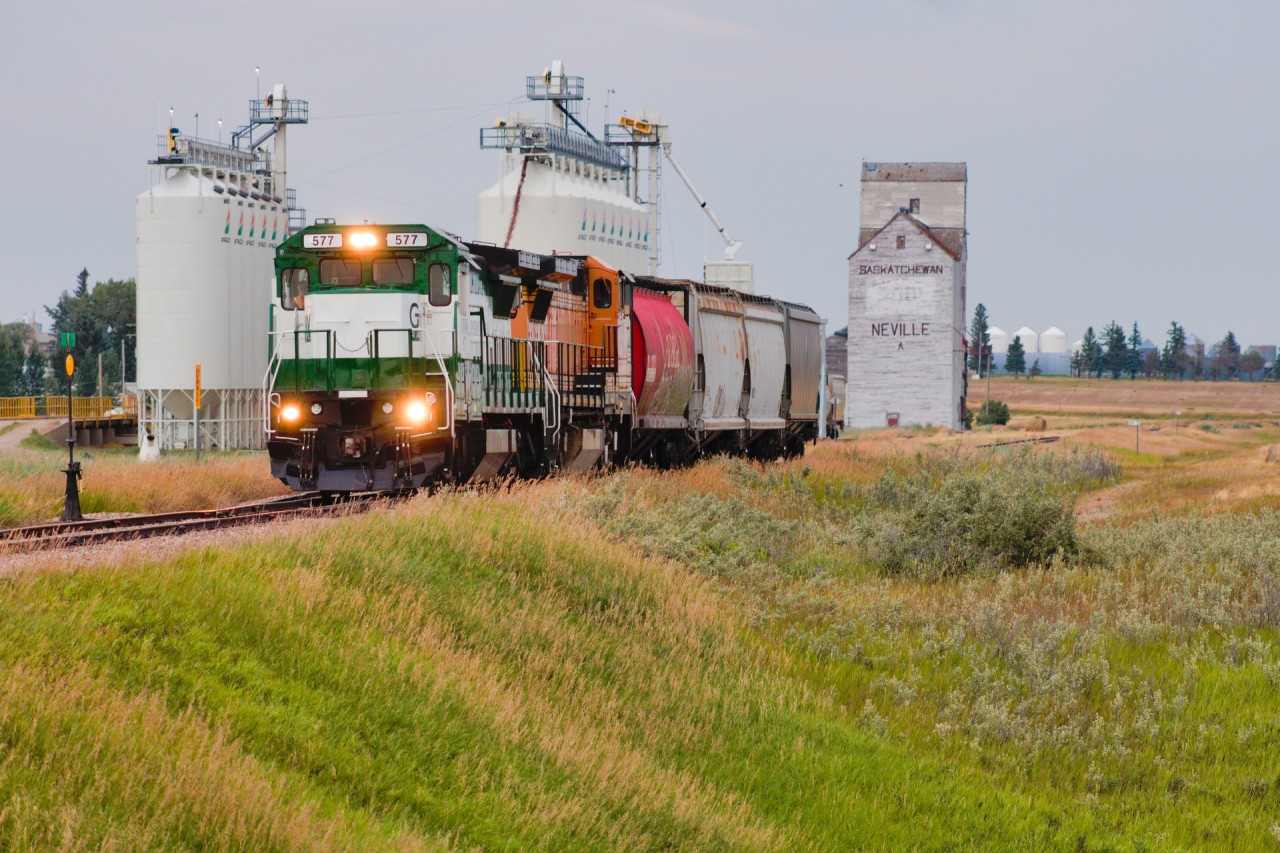 Shooting GWRS in the summer is far from ideal, as high summer temperatures often restrict shortline operations and grain traffic is generally at its driest. This short and overpowered weekly run back in July demonstrated this well, as it was outbound from Assiniboia as early as 2am, and would finish working Neville and tie down by roughly 7am. This was uncharted territory for me, and I miscalculated that they would have work along the way to Neville, so after detouring to each siding up to about halfway without any sign of them, I quickly realized they would soon be at their terminus, and I narrowly beat them to Neville by only about 3 minutes. On point is one of GWRS' newest acquisitions of 4-axle power; 577 was one of two ex-Conrail B40-8s purchased from GECX in 2021 and got a fresh coat of GWRS paint added prior to delivery. Trailing is an ex-ATSF B40-8W still in BNSF H2 paint.
