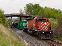 The sprayer, part 1. The 2023 version of the CP spray train saw multimark SD40-2 6055 at the helm. Me and a friend positioned ourselves at one a few wooden bridges left on the Belleville sub, this one being just west of Port Hope, Ontario. Just as time was running out to catch them, 6055 rounds the bend at a blistering 10 miles per hour, spraying the ROW with herbicides to prevent weed growth throughout the year. 