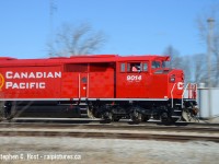 Just before the merger , freshly repainted CP 9014 was very briefly assigned to Welland Ontario. It had arrived not long earlier after overhaul by Progress Rail and was basically still in factory fresh paint. Later this day 9014  would be sent back to Toronto to be expedited out west where it remains in work train service far from the cameras of the crowds of 'fans in the east. I'm quite pleased to see the CMQ paint eliminated and the CP "beaver" adorn these for the first time. Long may they run.