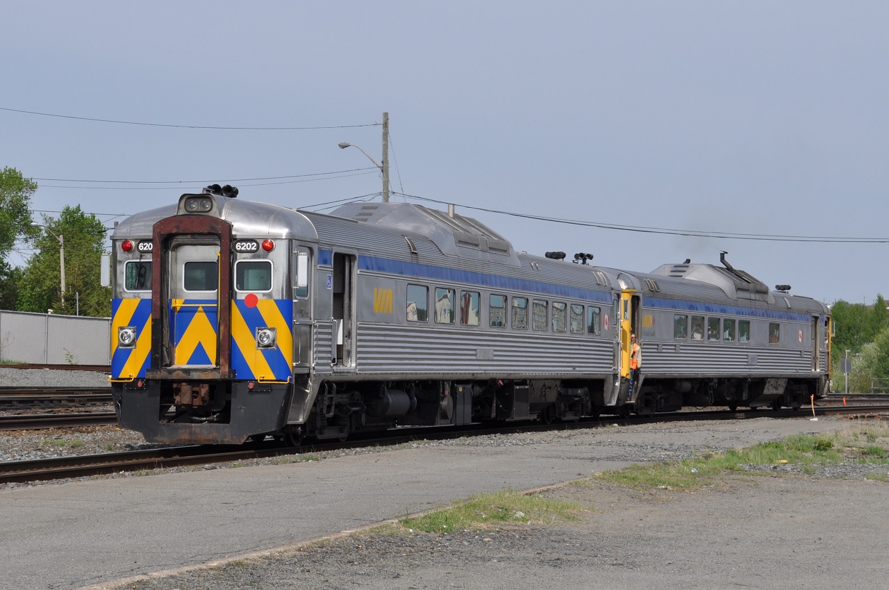 The two RDC cars that will make up VIA train 185 back to the station on May 21, 2011.  The train this date consists of the 6202 and 6215.