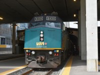 VIA 6439 is in charge of VIA #64 Toronto to Montreal daily at Union Station Toronto, ON August 30, 2023. <br>
The original train shed roof is visible behind the newer concrete structure at the east end of the station complex.