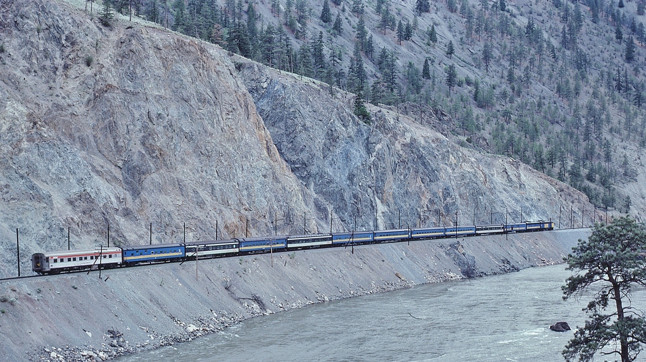 The not so  Super Continental, somewhere in the Thompson River Canyon.


   VIA Rail # 4,  May 11, 1980 Kodachrome by S.Danko


   CC&F and Pullman-Standard built rolling stock dominated the VIA fleet for the first dozen years, here:


   NSC 1955 ish built 96xx series baggage


   four CC&F 1954 ish built coaches: two 55xx series coaches, one cafe coach 32xx, one Dayniter 57xx series


   three Pullman-Standard 1954 built E series ( #11xx ) sleepers, one in crew service, 


   13xx series P-S 1947 ish built dining car


    23xx series CC&F 1920 ish built Lounge car 


  and a lone ex CPR Budd 1955 built Manor ( 83xx) series sleeper.


  Oh, the head end: two 26 year old GMD's: FP9A #6507 and  F9B #6605


sdfourty