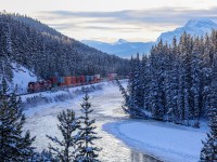 The detector at Mile 111 on the Laggan Sub announces that it is -20C, as CPKC 113-23 climbs towards the Continental Divide at Morant's Curve.