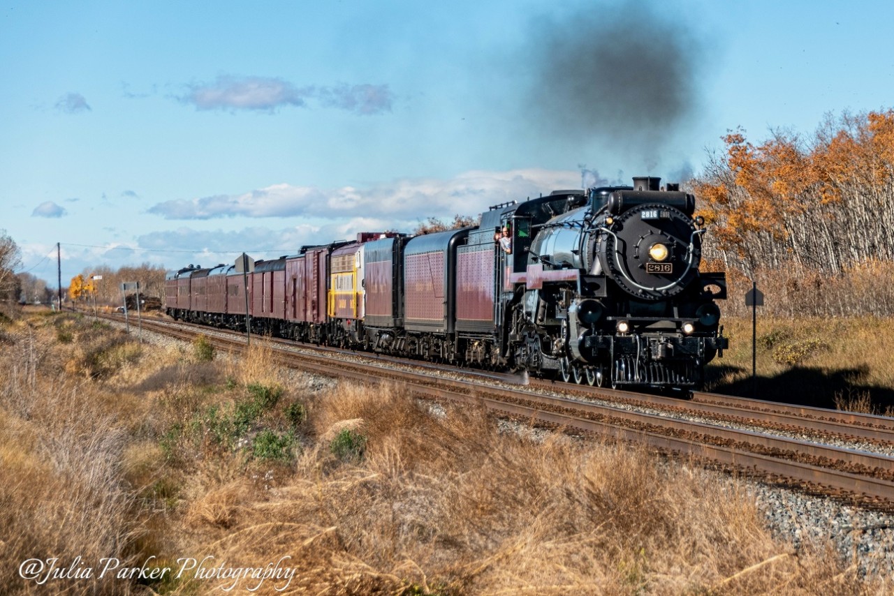 Finally, they decide to run 2816 on my day off.  Headed out to a nice open spot at Dalemead Alberta. After a bit of a wait for a few freights, the 'Empress" 2816 finally appeared doing track speed heading from Calgary to Medicine Hat.