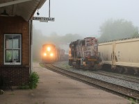 CN 451 arriving at Huntsville just as the morning fog begins to lift. The weathering on CN 4762, the power for this week's CN 595 (the Huntsville Roadswitcher) might lead one to think it had sat through a wildfire or something. Not so, it's just bad paint as with most of the old "zebra stripe" painted units.