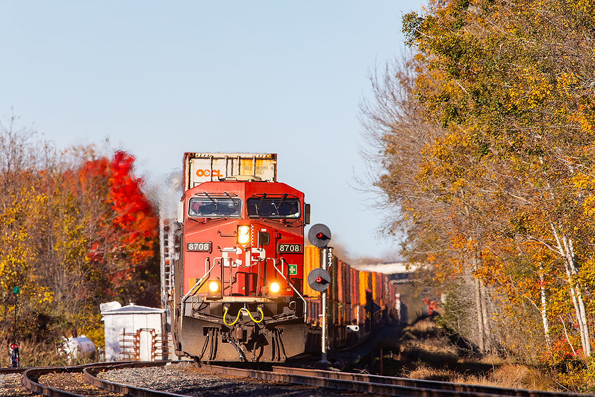 CP 8708 leads an eastbound through Spicer as autumn has peaked and the leaves have already left many of the nearby trees.