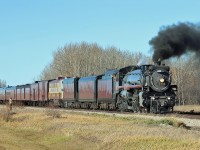 CPKC's steam engine 2816, with it's heritage train set,  makes it's way south on the Red Deer sub, with a friendly wave from one of the crew.
