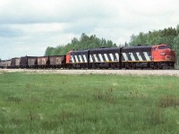 Reading back through my notes for May/85, there had been almost every combination possible of F7's with themselves or GP'9s, also, GP38's, or, the 2 types of B units. Except an ABA consist, finally on the 29th, someone at the diesel shops put one together. Here it is, entering the south end of the connecting track at Kerensky with 35 empties, the time is 11:30. Busy lunch at Redwater, this ABA at 11:30, when returning to Redwater from Kerensky, the 1082, 1075 and 1081 (units for 584) are switching the elevators. Also, the units for 836 - 4294 & 4606, the jet fuel train, are parked in the siding with one one engine out of diesel fuel. They are trying to re-fuel it, but, could never get it restarted. Had to call out a new units. Loved days like this. :^)