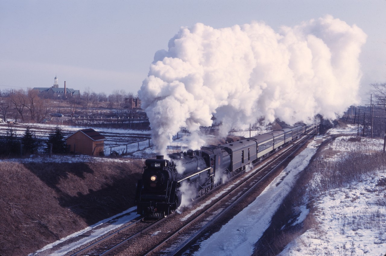 CN 6218 starts up the Dundas sub with a UCRS sponsored Toronto-Guelph excursion via Hamilton and Lynden. This is what winter excursions and steam railroading were all about!