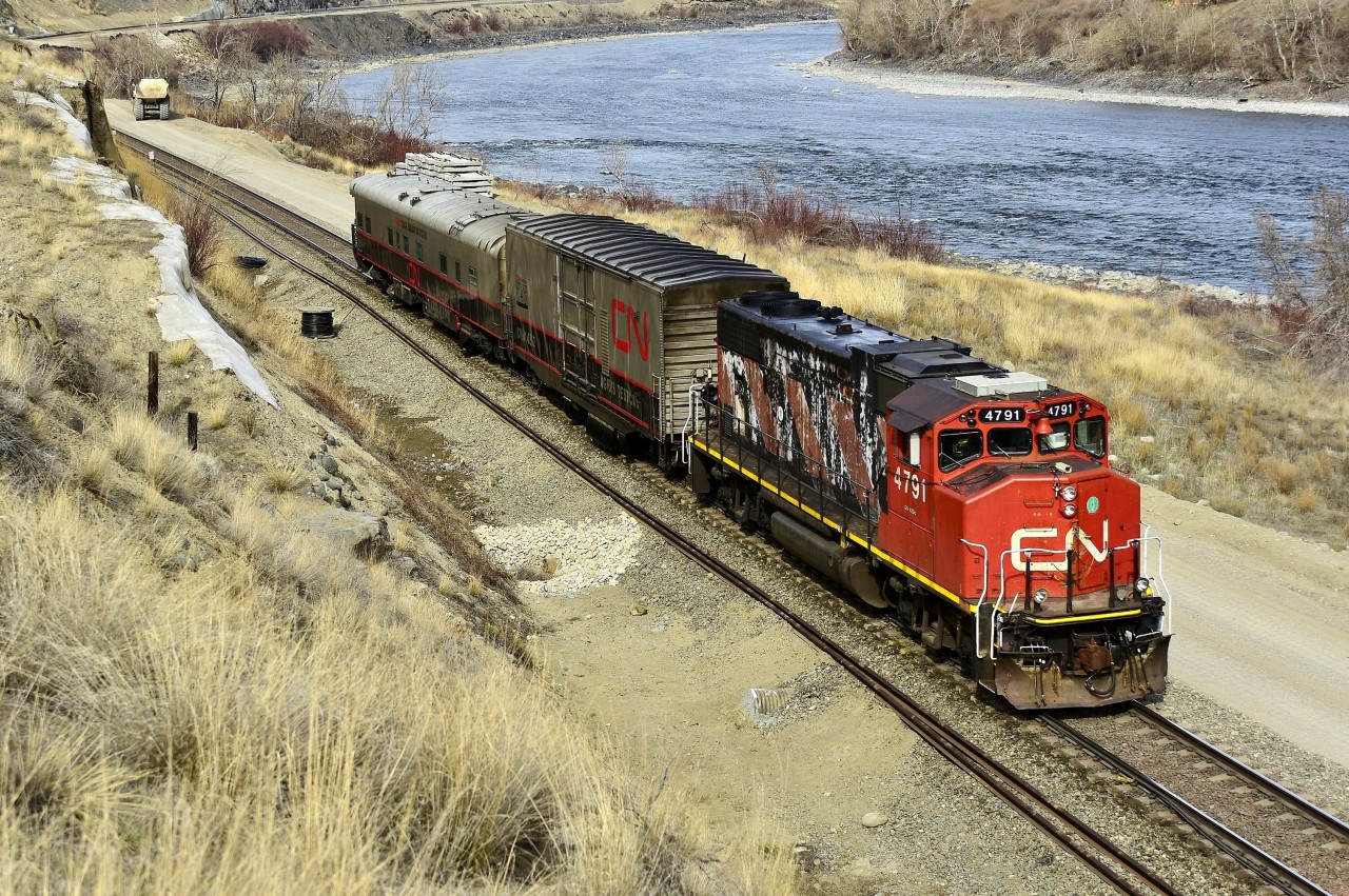 A track evaluation train is running westbound behind CN 4791 and alongside the Thompson River at Ashcroft. Work is being carried out on an extended siding at this location and will be complete in a few months time.