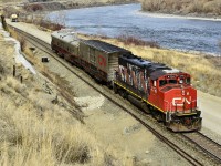 A track evaluation train is running westbound behind CN 4791 and alongside the Thompson River at Ashcroft. Work is being carried out on an extended siding at this location and will be complete in a few months time.