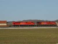 CP 8008 North approaching Alliston with really fresh looking SD70ACU rebuild CP 7058 trailing with matching paint schemes (things you don't say often about CP for 500..) on a beautiful spring day. 