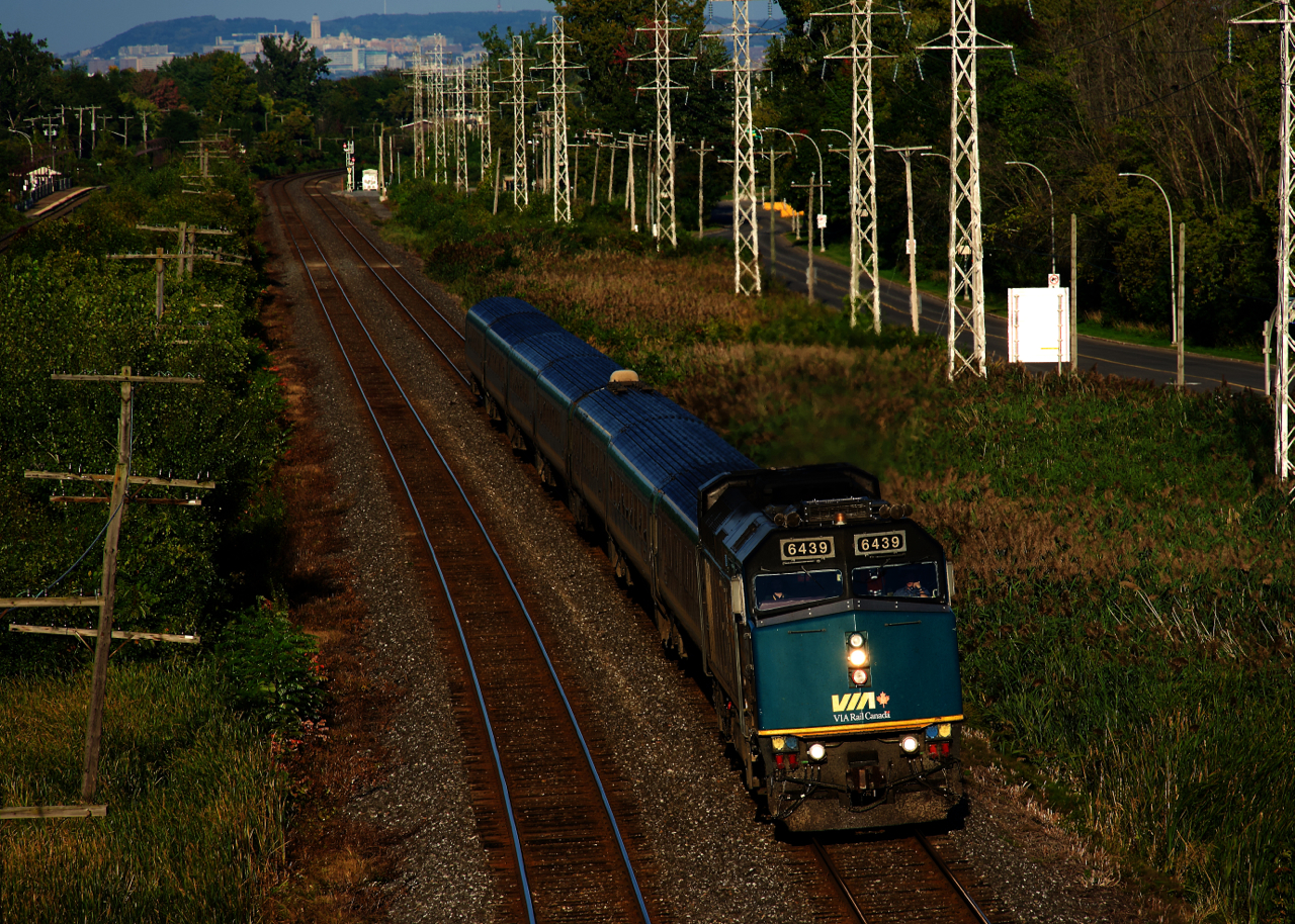 VIA 6439 leads a Renaissance consist as VIA 37 heads west after its stop at Dorval.